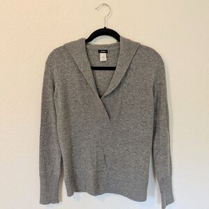 J. Crew Cashmere Wool Gray V-Neck Hooded Sweater Womens SIze S Cozy Soft Winter